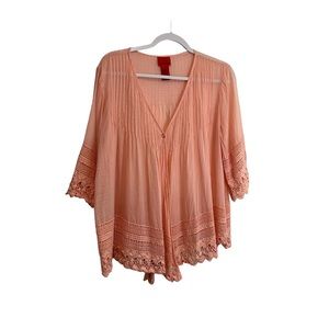 Cristina Pink Crochet Crinkle Open Front 3/4 Sleeve Boho Top Blouse Women Size M
